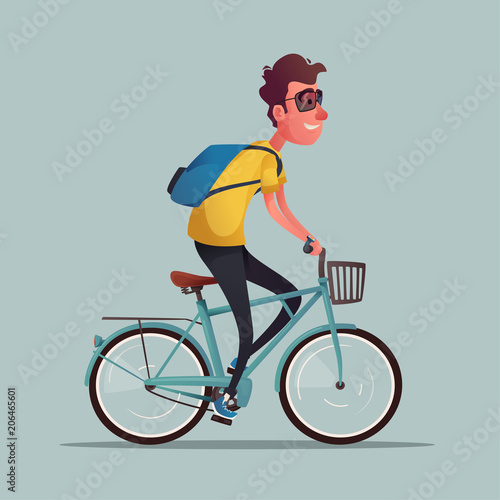 Funny man ride a bike. Vintage bicycle. Cartoon vector illustration