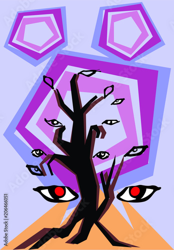 black tree with many eyes  and spiral atmosphere in violet background