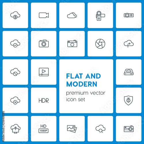 Fototapeta Naklejka Na Ścianę i Meble -  Modern Simple Set of cloud and networking, security, video, photos Vector outline Icons. Contains such Icons as hd,  bug,  security,  upload and more on dark background. Fully Editable. Pixel Perfect