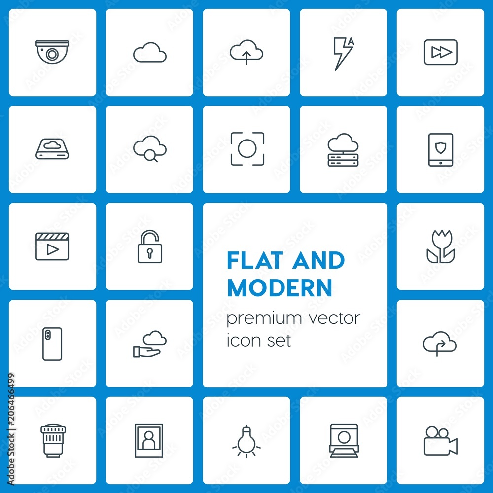 Modern Simple Set of cloud and networking, security, video, photos Vector outline Icons. Contains such Icons as lightbulb, network, blue and more on dark background. Fully Editable. Pixel Perfect Modern Simple Set of cloud and networking, security, video, photos Vector outline Icons. Contains such Icons as lightbulb, network, blue and more on dark background. Fully Editable. Pixel Perfect