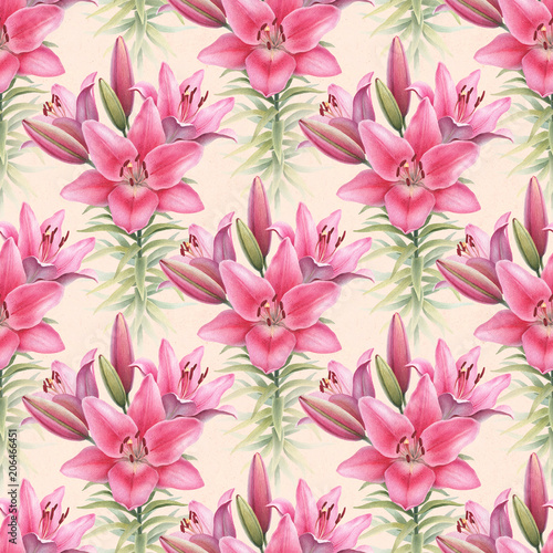Watercolor illustrations of lily flowers. Seamless pattern © Aleksandra Smirnova