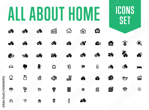All about home, house, building, residential, sale, residence icons, repair, beautiful decoration, furniture, security, flat, family apartment symbols, pictograms set, collection, pack