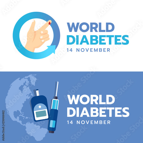 World Diabetes Day banner with hand and Blood drop sign in blue arrow circle and Blood Sugar Test on blue earth world background vector design