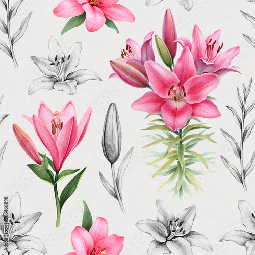 Illustrations of lily flowers. Seamless pattern