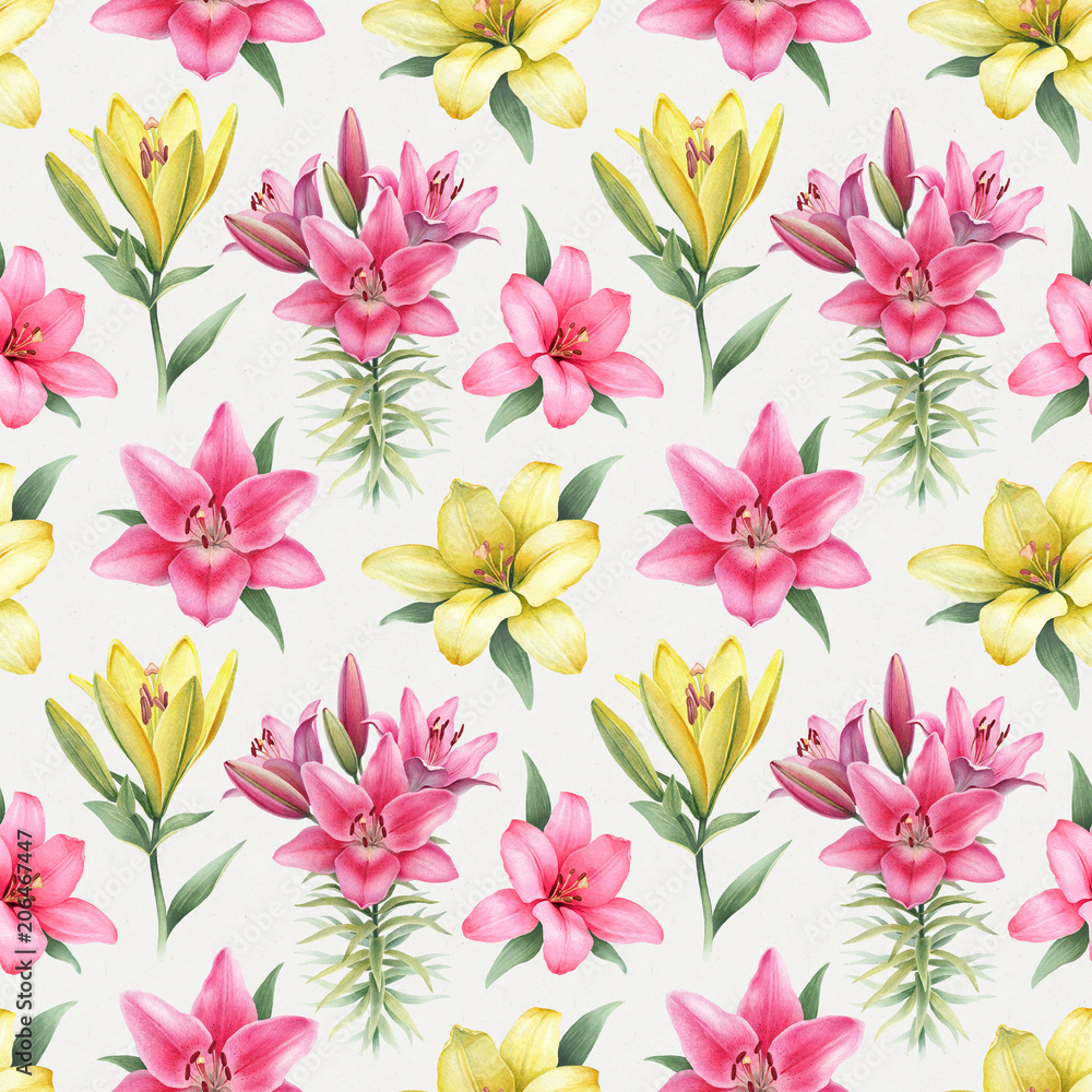 Obraz premium Watercolor illustrations of lily flowers. Seamless pattern