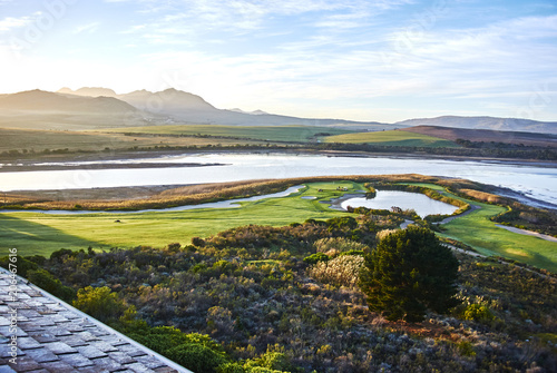 View of Botrivier Lagoon overlooking golf course arabella and mountains south-africa