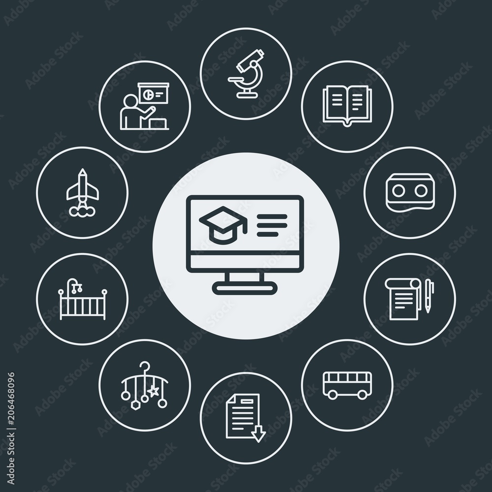 education, kids and toys Infographic Circle outline Icons Set. Contains such Icons as car, technology, bed, university, tutor, education, air, college and more. Fully Editable. Pixel Perfect education, kids and toys Infographic Circle outline Icons Set. Contains such Icons as car, technology, bed, university, tutor, education, air, college and more. Fully Editable. Pixel Perfect