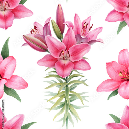 Watercolor illustrations of lily flowers. Seamless pattern