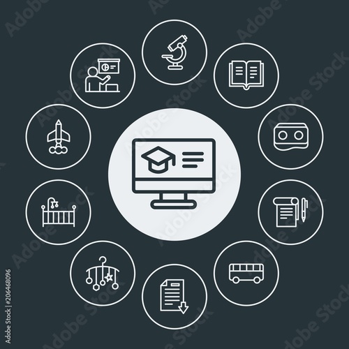 education, kids and toys Infographic Circle outline Icons Set. Contains such Icons as  car,  technology, bed,  university,  tutor, education,  air,  college and more. Fully Editable. Pixel Perfect