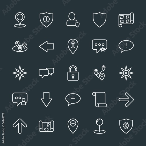 Modern Simple Set of location, arrows, chat and messenger, security Vector outline Icons. Contains such Icons as chat, failure, message and more on dark background. Fully Editable. Pixel Perfect.