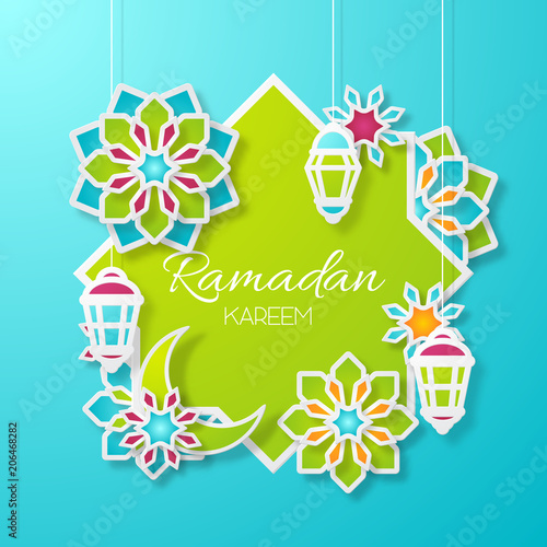 Ramadan kareem design background. Paper cut flowers, traditional lanterns, moon and stars. Vector illustration.