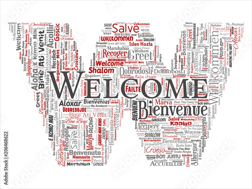 Vector conceptual abstract welcome or greeting international letter font W word cloud in different languages or multilingual. Collage of world, foreign, worldwide travel translate, vacation tourism