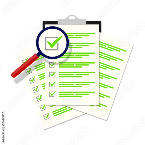 Magnifier assessment checklist icon. Vector flat style symbol.