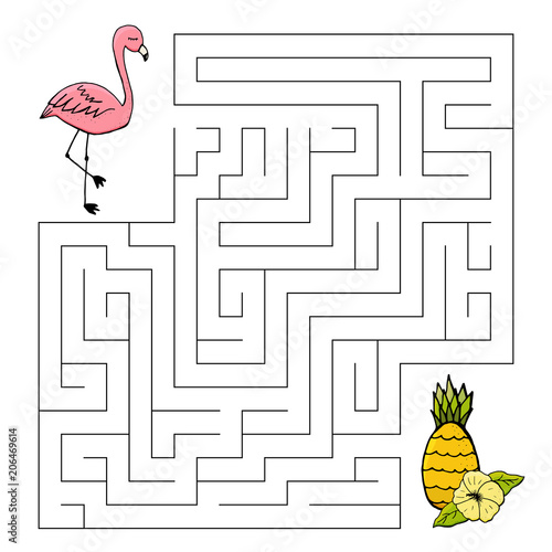 Educational maze game for children. Hand drawn cartoon flamingo and pineapple with tropical flower. Vector illustration