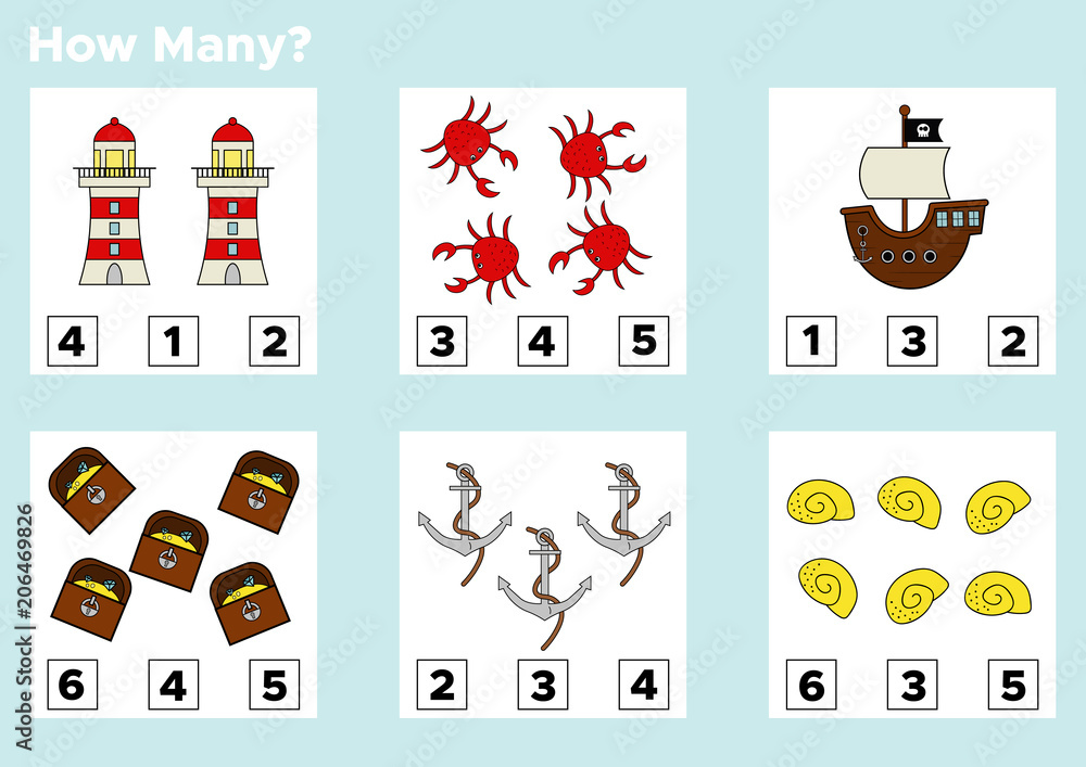 How many educational counting game for preschool kids. Pirate theme. Count and choose the answer. Vector illustration. How many educational counting game for preschool kids. Pirate theme. Count and choose the answer. Vector illustration.