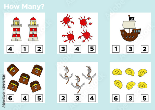How many educational counting game for preschool kids. Pirate theme. Count and choose the answer. Vector illustration.