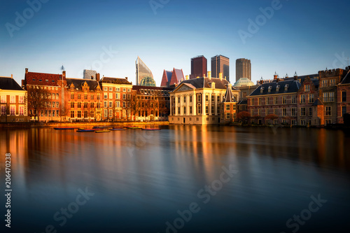Skyline of The Hague with the modern office buildings. Reflection of Hofvijver lake in Den Haag  Netherlands.