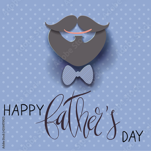 Beautiful vector illustration greeting card template with Happy Father's Day handwritten lettering and paper cut craft 3d smile, mustache and beard, bow tie and polka dot background.