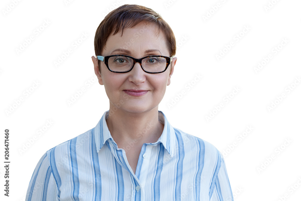 Business woman portrait isolated on white background / studio. Middle aged older  teacher, principal, manager wearing glasses and shirt. Close up face