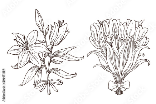 Black and white het of hand drawn spring bouquets lily and tulip. Beautiful flowers doodle illustration