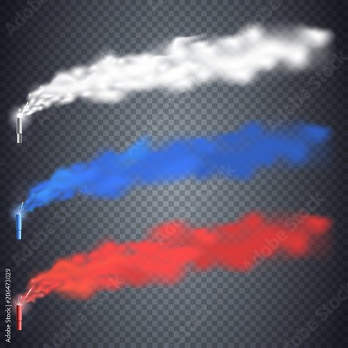 Football fans torch fireworks in Russia colors. Red, blue, white pillar of smoke isolated on transparent background. Colorful Festive smoke bomb. Vector element for your design. Eps 10