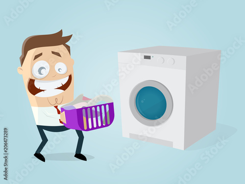 funny cartoon man with dirty laundry and washing machine
