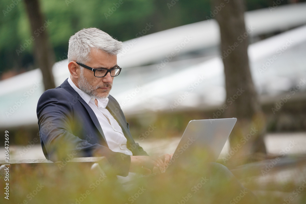 Businessman sitting on public bench, using laptop Businessman sitting on public bench, using laptop