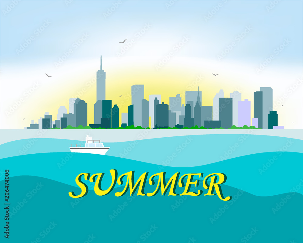Fototapeta premium sunny new york on the horizon of the ocean with a yacht on the waves