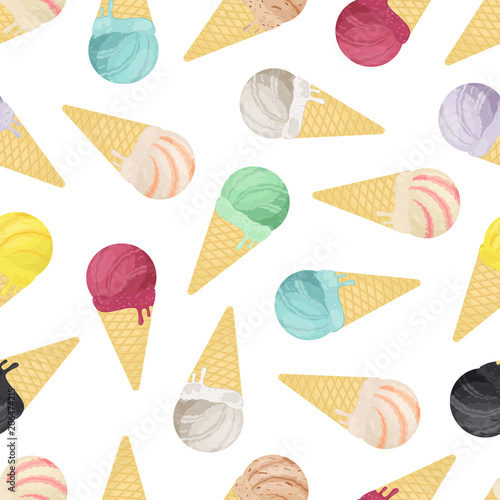 Vector seamless pattern of ice cream collection in cones. Cartoon flat style