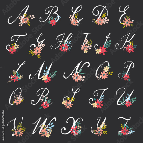 Beautiful floral letters in alphabetical order. Vector colorful flower font.