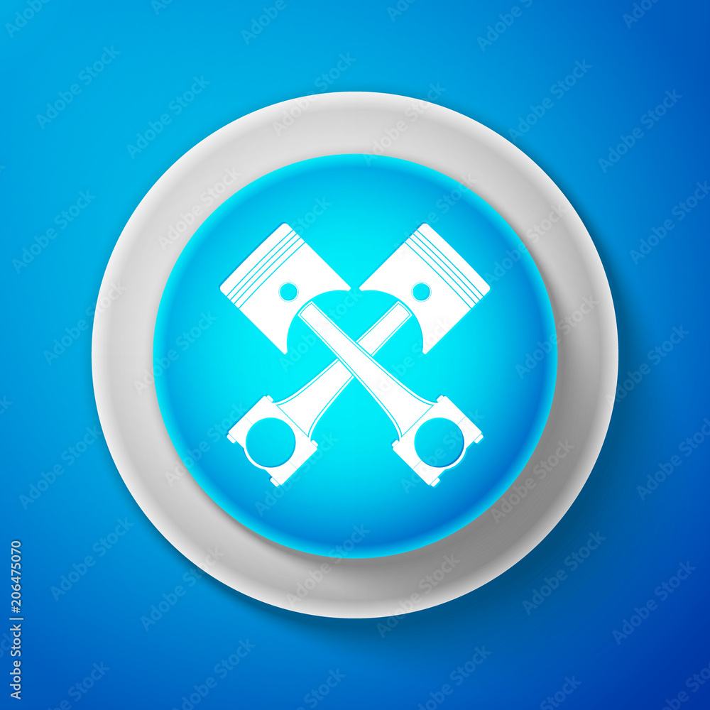 White Two crossed engine pistons icon isolated on blue background. Circle blue button with white line. Vector Illustration White Two crossed engine pistons icon isolated on blue background. Circle blue button with white line. Vector Illustration