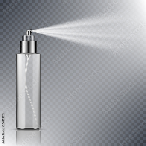 Spray bottle, blank container with spraying mist isolated on transparent background