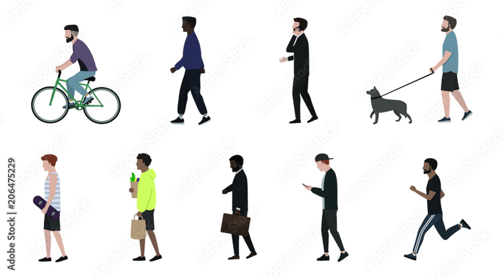 Men perform various actions - walking a dog, going to a business meeting, riding a bicycle, running, talking on the phone, carrying bags of groceries, walking. Group of male flat cartoon.