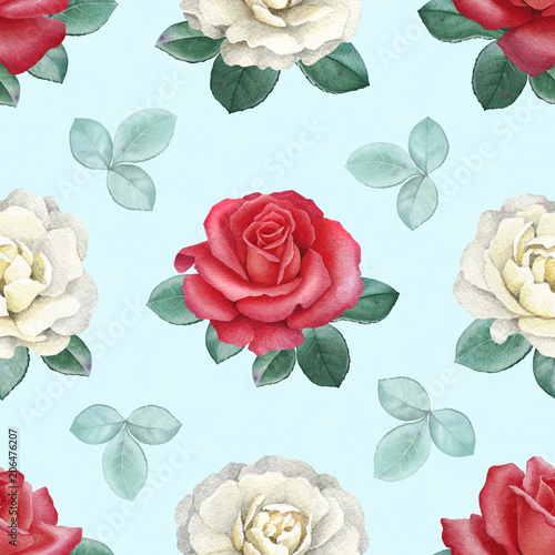 Watercolor illustrations of a roses. Seamless pattern.