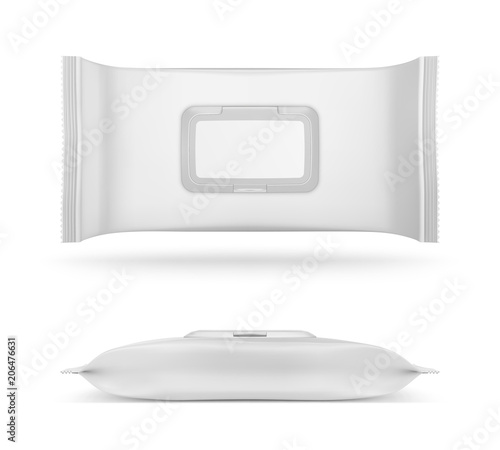 Set of wet wipes flow packs on white background