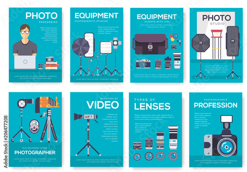 Equipment of the photographer brochure cards set. Photo studio items template of flyear, magazine, poster, book cover, banners. Camera invitation concept background. Layout illustrations modern page