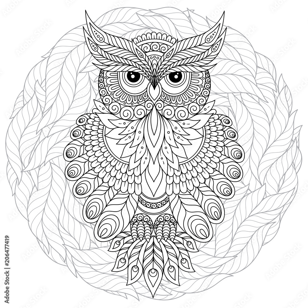 Naklejka Coloring book for adult and older children. Coloring page with cute owl and floral frame.