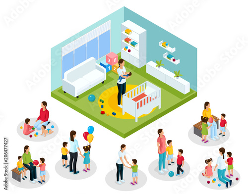 Isometric Babysitter And Kids Concept