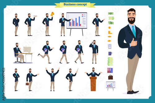 People character business set.Young businessman in formal wear.Different poses and emotions, running, standing, sitting, walking, happy, angry. Full length, front, rear view against 