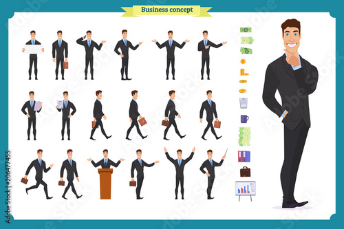 People character business set.Young businessman in formal wear.Different poses and emotions, running, standing, sitting, walking, happy, angry. Full length, front, rear view against 