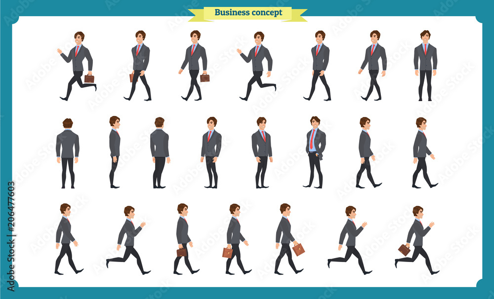 Collection set of Walking and running businessman. Walk, run, active. Variety of movements. Flat Character man cartoon style, Side view, haft front view,Vector design isolated vector. Collection set of Walking and running businessman. Walk, run, active. Variety of movements. Flat Character man cartoon style, Side view, haft front view,Vector design isolated vector.