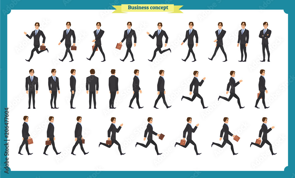 Collection set of Walking and running businessman. Walk, run, active. Variety of movements. Flat Character man cartoon style, Side view, haft front view,Vector design isolated vector.