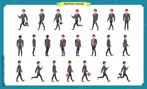 Collection set of Walking and running businessman. Walk, run, active. Variety of movements. Flat Character man cartoon style, Side view, haft front view,Vector design isolated vector.
