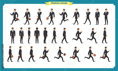 Collection set of Walking and running businessman. Walk, run, active. Variety of movements. Flat Character man cartoon style, Side view, haft front view,Vector design isolated vector.