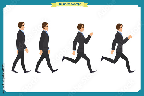 Collection set of Walking and running businessman. Walk, run, active. Variety of movements. Flat Character man cartoon style, Side view, haft front view,Vector design isolated vector. © Dmytro