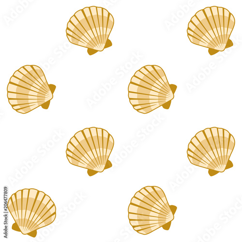 Gold seashell vector graphics, pearl bivalved mollusks illustration. Oceanic scallop, bivalve pearl shell, marine mollusk isolated wild life-nature background. Minimal sea shell graphic design.