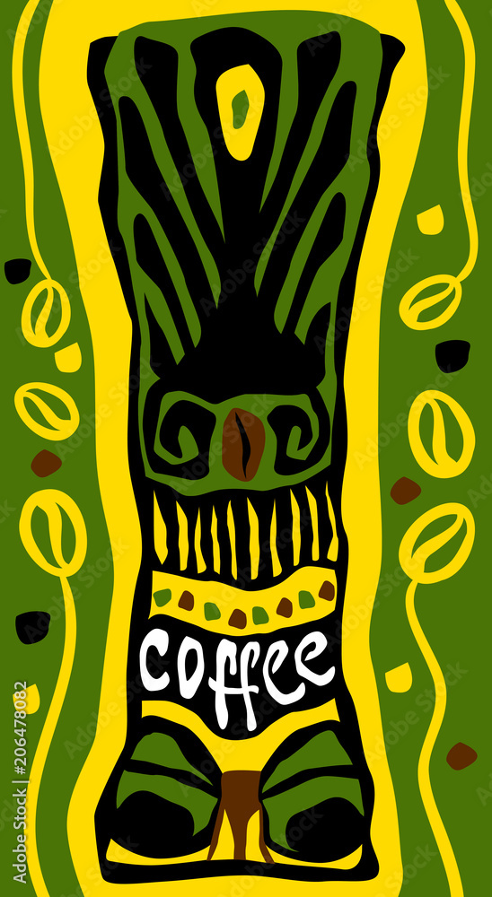 Tribal ethnic mask design. Mexican, indian, maya mask. Coffee lettering