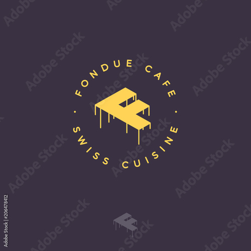 Fondue Cafe logo. F monogram. Yellow letter F with melted cheese and letters in a circle on a dark background, a monochrome option.