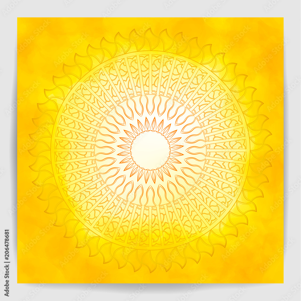 Mandala over yellow watercolor fog background. Mandala over yellow watercolor fog background.