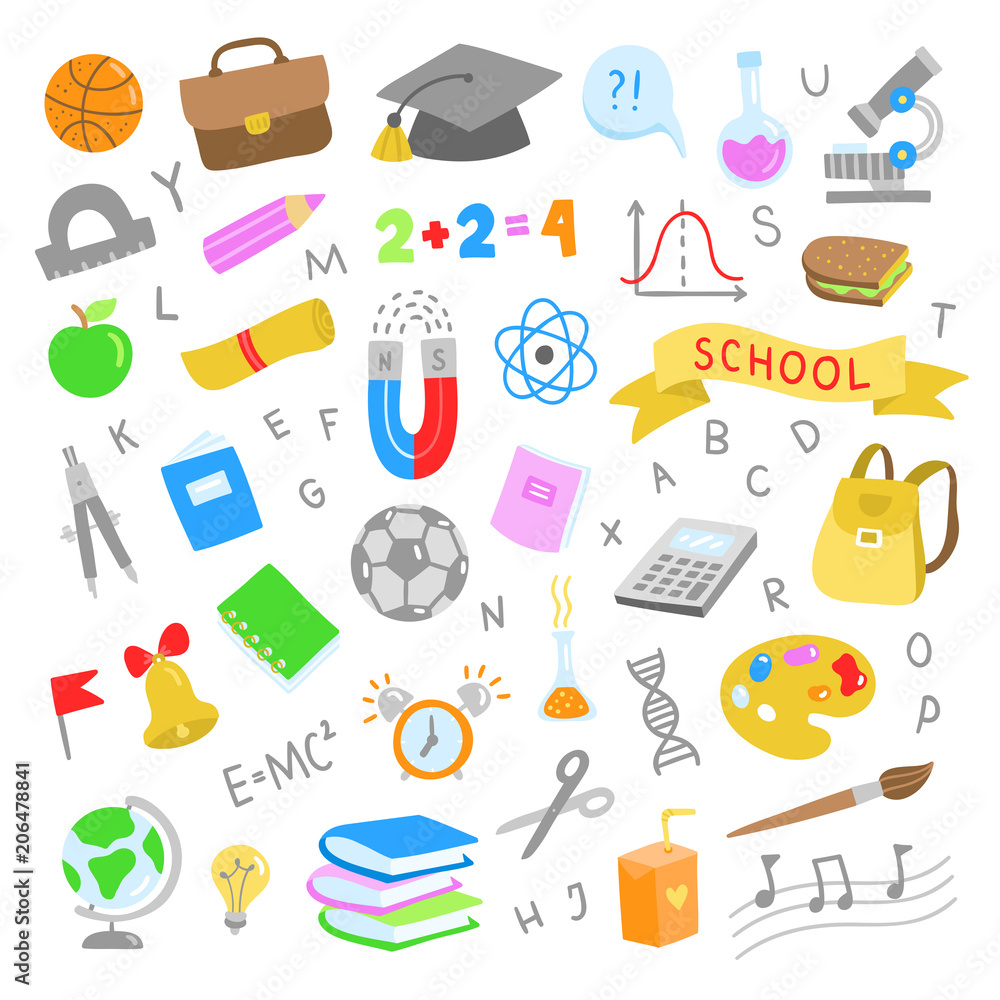 School illustrations. Cute school graphic objects. Back to school elements set